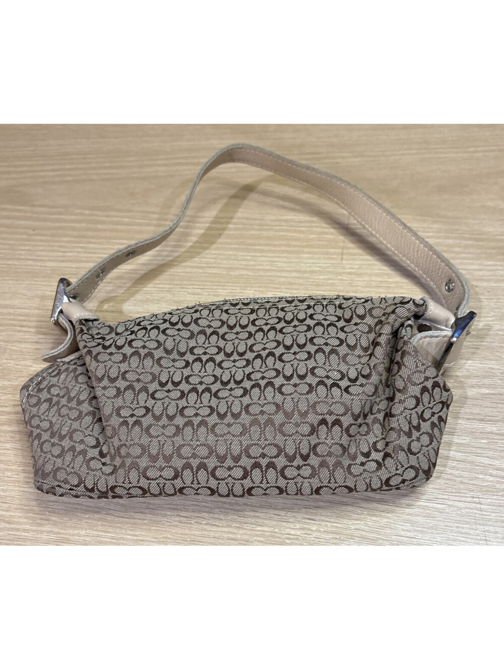Vintage Coach Signature Demi Pouch Bag Khaki Jacquard Brown C Leather Trim Lined